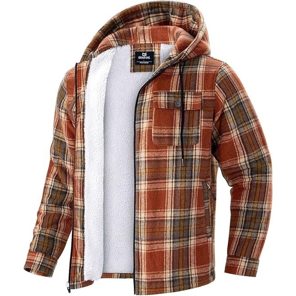 G Gradual Men's Flannel Jacket Fleece Sherpa Lined Hoodies Zip Up Plaid Shirt